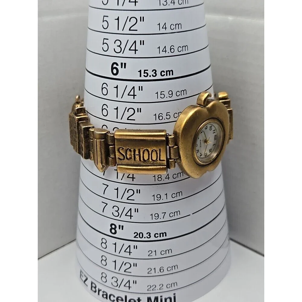 Teacher Apple Bracelet Watch Schoolhouse Charm Gold Tone Quartz New Battery Cute